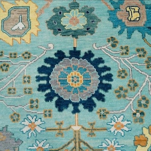 Handmade Green Oushak Knotted Carpet Rug: Floral Medallion Design