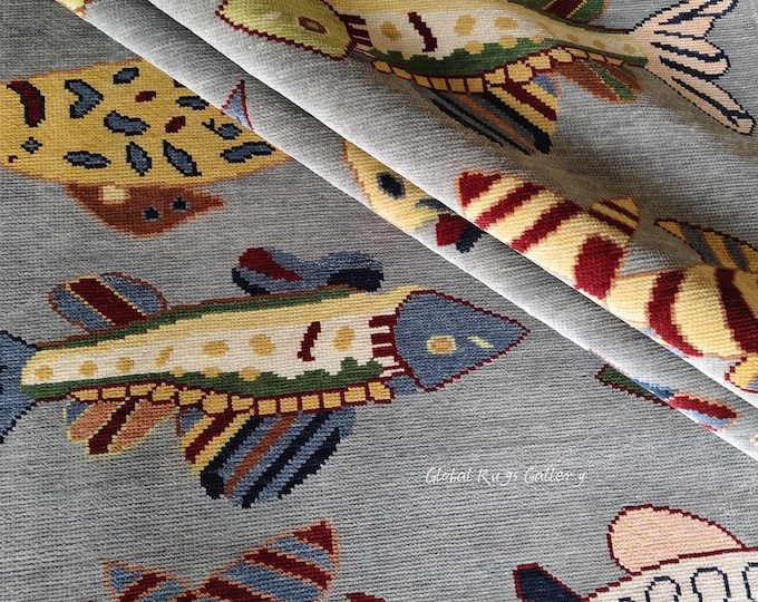 Hand Knotted Wool Fish Rug, Nautical Coastal Decor 9x12 ft for living room bedroom