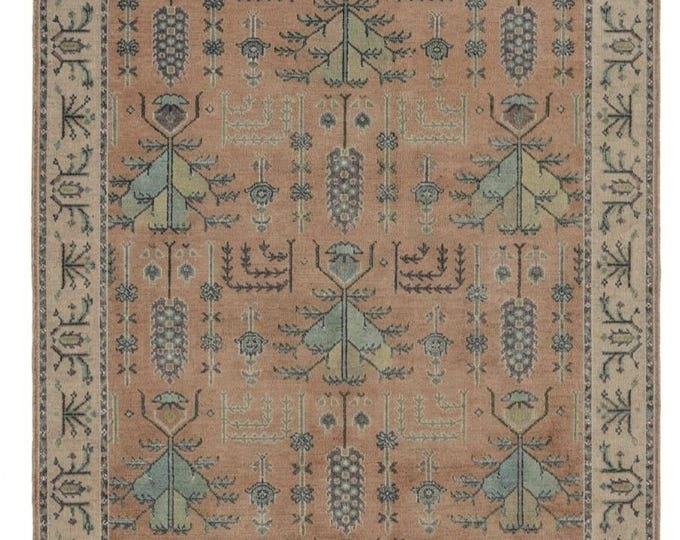 Hand Knotted Wool Area Rug, Terracotta Peach Vintage Turkish Oushak Style Rug, Bohemian Muted Rust Sage Green Carpet, Geometric Tribal Rug
