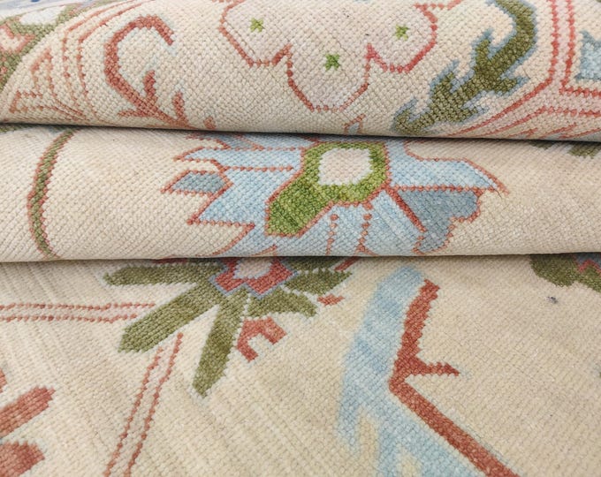 Hand Knotted Oushak Rug 9x12, Ivory Sage Green Wool Anatolian Carpet