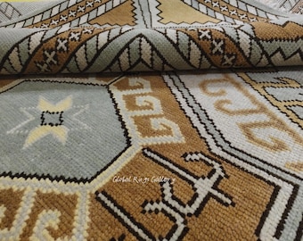Hand Knotted Wool Rug 9x12 | Blue Beige Tribal Oushak Design