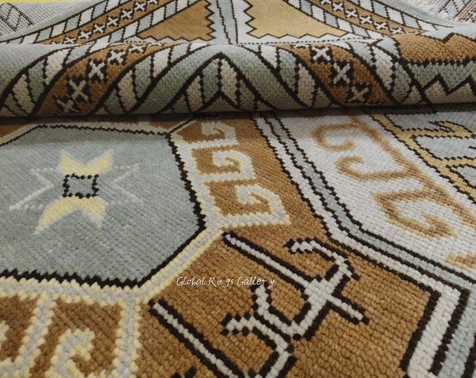 Hand Knotted Wool Rug 9x12 | Blue Beige Tribal Oushak Design