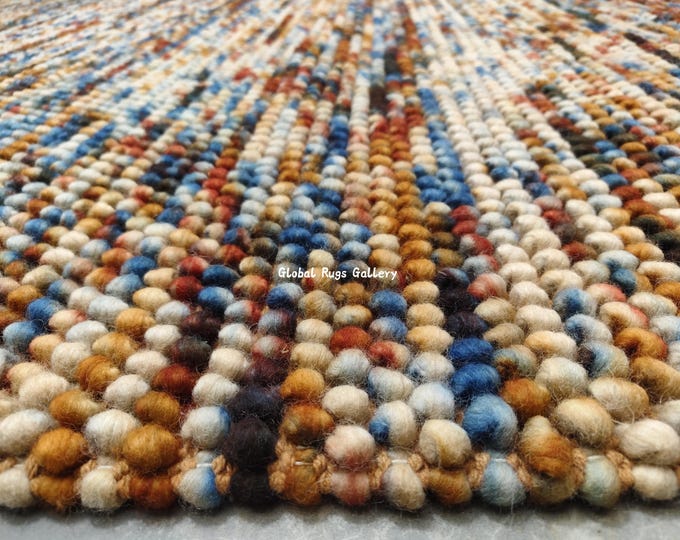 Handmade Wool Pebble Rug: Chunky Knotted Multicolor Boho Carpet