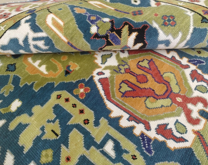 Hand Knotted Oushak Rug, Handmade Wool Area Rug, Blue Green Vintage Rug, Traditional Oriental Carpet, Living Room Rug