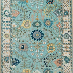 Handmade Bluish Green Oushak Rug: Knotted Wool Carpet
