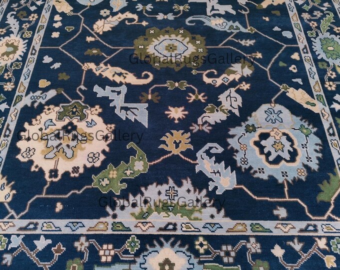Hand Knotted Wool Rug: Blue Green Floral Persian Style for living room bedroom rug