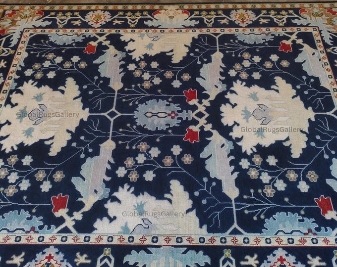 Hand Knotted Oushak Wool Rug – Navy Blue Floral Oriental Carpet