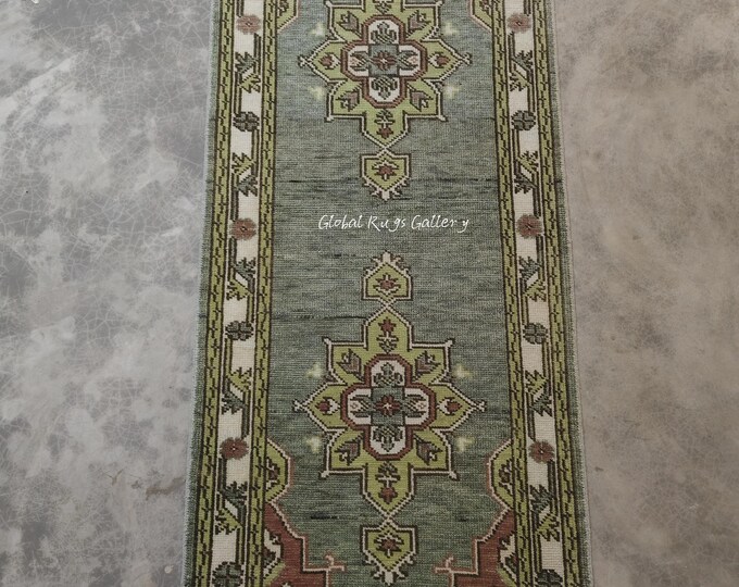Handmade Sage Green Oushak Runner Rug 3x8 ft, Wool Turkish Style Farmhouse Entryway Rug