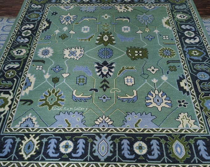 Hand Knotted Wool Rug | Green & Blue Floral Artisan Carpet