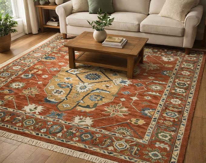 Hand Knotted Oushak Rug: Rust Terracotta Wool, Traditional Floral Design