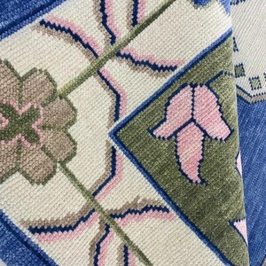 Hand Knotted Wool Rug: Blue Floral Oushak Style