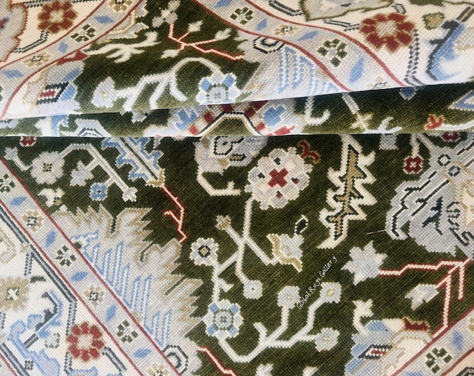 Handmade 9x12 Oushak Wool Rug, Dark Green Turkish Floral Area Rug
