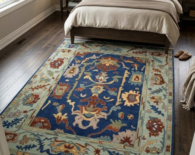 Hand-Knotted Wool Oushak Rug: Deep Blue Turkish Vintage Style Area Carpet