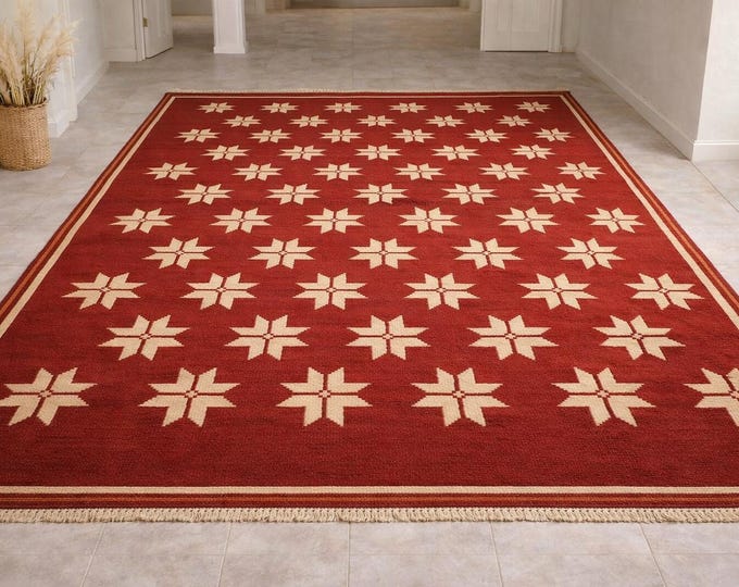 Hand Knotted Wool Rug | Red Geometric Tribal Design