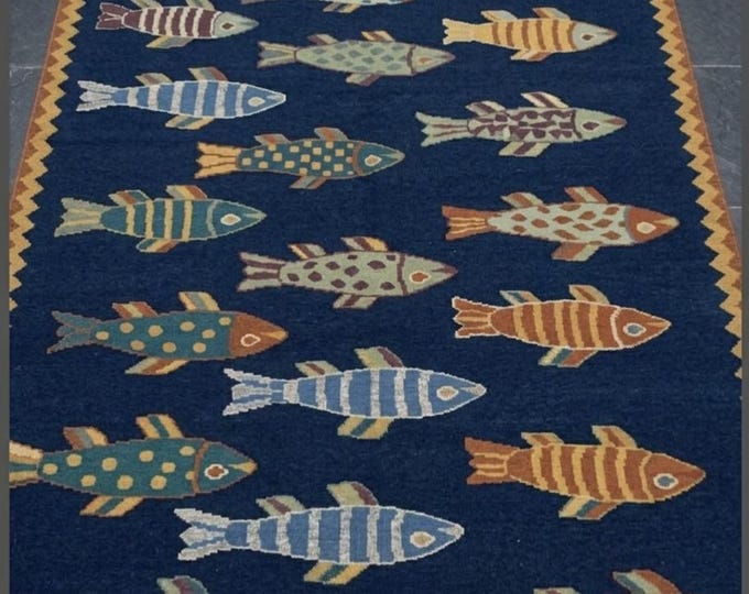 Hand Knotted Fish Rug, Handmade Coastal Area Rug, Nautical Ocean Theme Wool Rug, Marine Life Carpet, Blue Fish Design Rug, Beach House Decor