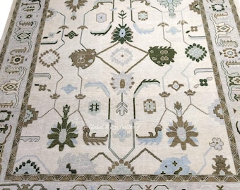 Quick Ship Hand Knotted Oushak Wool Rug 10x12 | Ivory, Green, Turkish Style