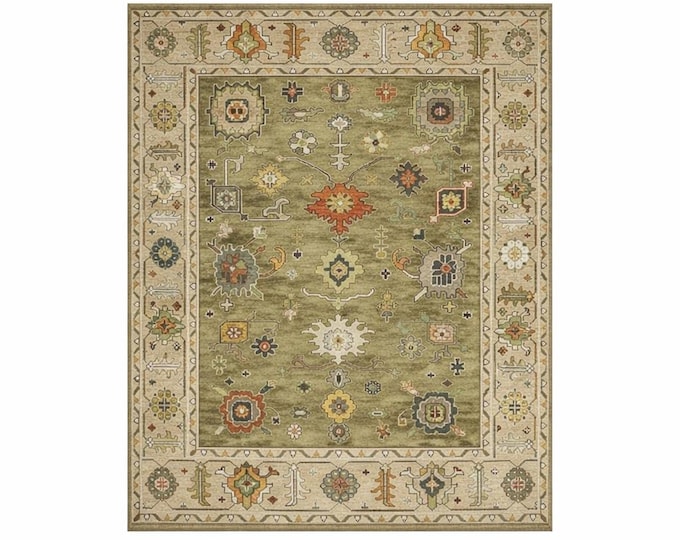 Hand Knotted Wool Oushak Rug | Olive Green Vintage Turkish Carpet