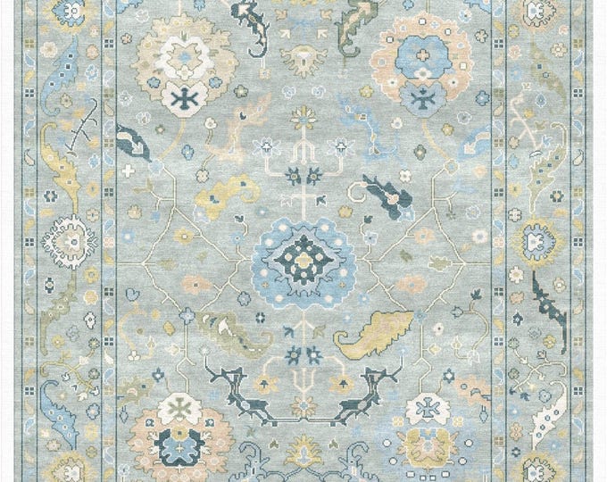 Hand Knotted Wool Oushak Rug, Light Blue Vintage Turkish Style