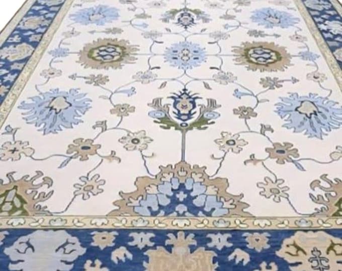 Hand Knotted Wool Oushak Rug, Ivory Blue Floral Turkish Carpet (9x12 ft)