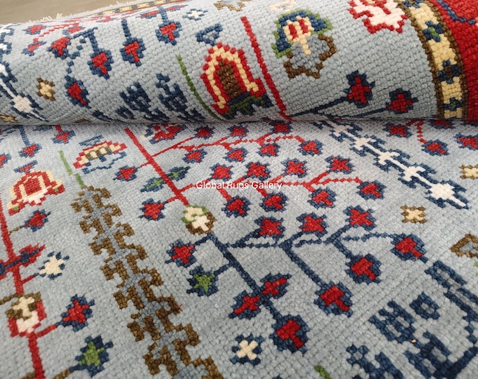 Hand Knotted Wool Rug, Floral Area Rug, Blue Red Runner Rug, Handmade Vintage Style Rug, Boho Home Decor, Bedroom Living Room Rug