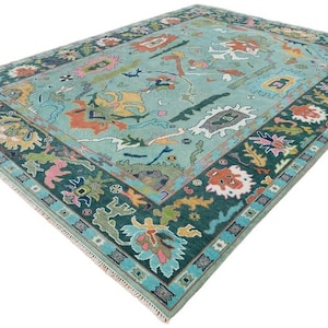 Teal Green Oushak Rug: Hand-Knotted Wool, Floral Design, 9x12 ft