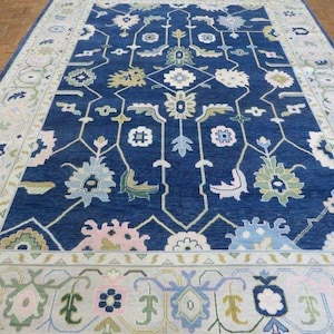 Hand Knotted Wool Rug: Blue Floral Oushak Style