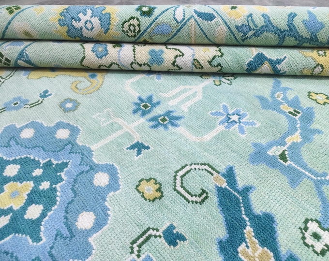 Hand Knotted Oushak Rug 9x12, Aqua Blue Wool Floral Carpet, Turkish Living Room Rug