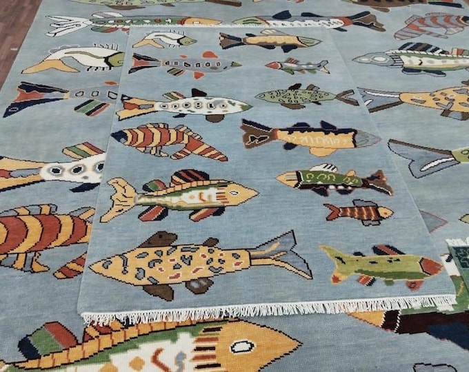 Hand Knotted Wool Fish Rug – Kids Playroom Carpet, 9x12 ft for living room bedroom