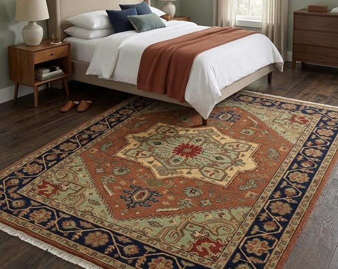 Heriz Rug, Hand Knotted Wool Rug, Vintage Heriz Area Rug, Traditional Medallion Rug, Navy Blue Terracotta Rug, Handmade Carpet