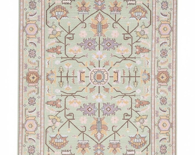 Vintage Oushak Rug | Hand-Knotted Turkish Wool, Sage Green Floral