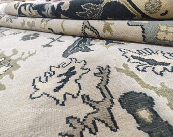 Hand Knotted Wool Oushak Rug | Blue Beige Floral Carpet