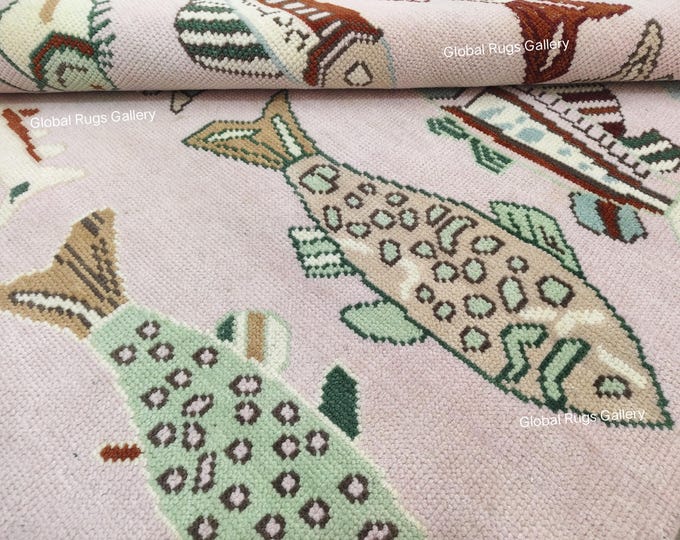 Pastel Pink Fish Rug Eclectic Maximalist Decor Funky Ocean Themed Wool Carpet Unique Hand Knotted Playroom Rug Animal Motif Rug