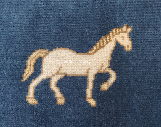Blue Horse Rug, Equestrian Area Rug, Handmade Wool Horse Rug, Kids Room Rug, Farmhouse Decor, Western Cowboy Rug, Bedroom Living Room Carpet