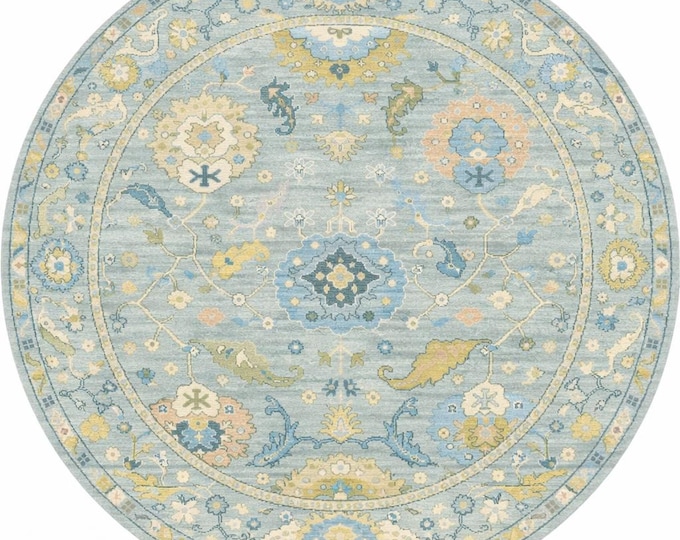 Handmade Wool Floral Round Rug | Pastel Blue Oushak Style Area Rug