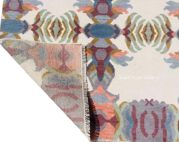 Handwoven Wool Kilim Rug – Boho Geometric Flatweave Carpet bedroom living room hallway
