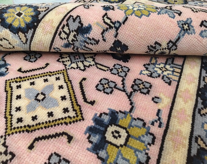 Pink Oushak Runner Rug, Handmade Turkish Style Runner, Vintage Floral Hallway Rug, Soft Pastel Entryway Rug, Cottagecore Kitchen Runner