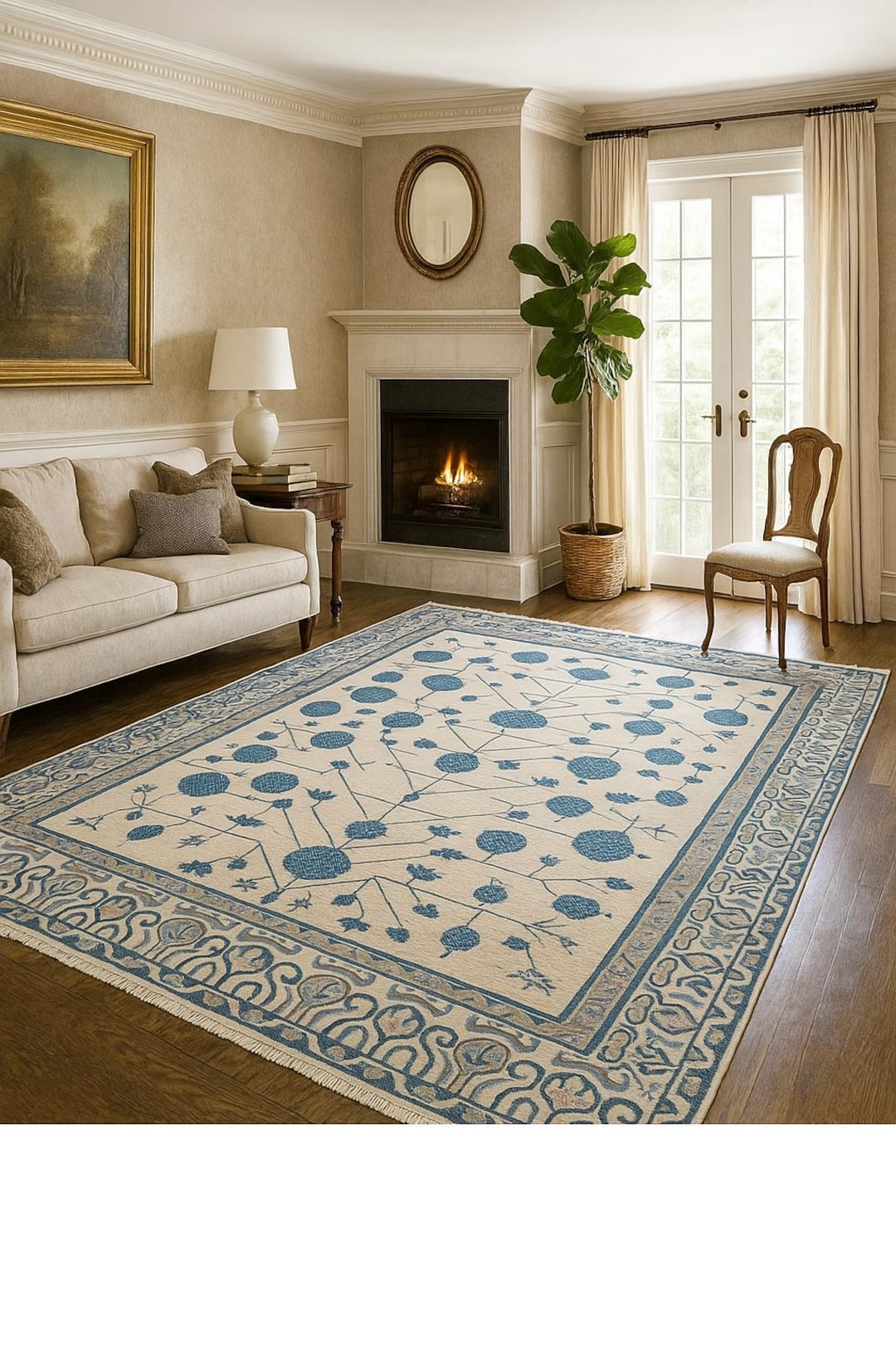 Handmade Wool Oushak Rug – Blue Cream Floral, 12x16 Ft - Etsy