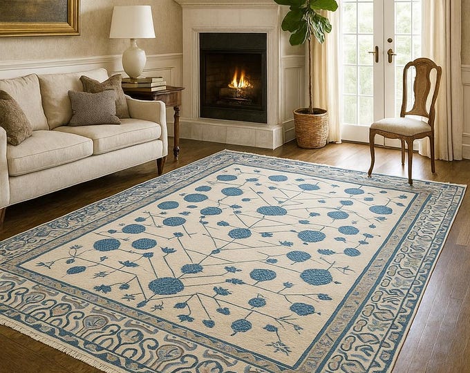 Handmade Wool Oushak Rug – Blue Cream Floral, 12x16 ft