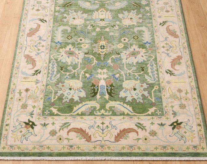 Hand Knotted Wool Rug 9x12 | Green Floral Oushak Style