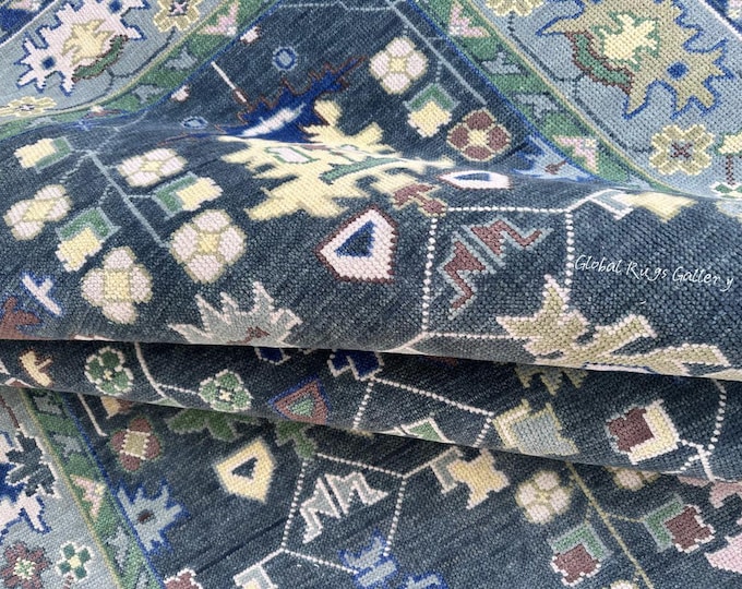 Hand Knotted Blue Wool Oushak Rug, Vintage Turkish Area Rug 9x12