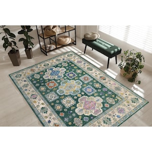Green Oushak Rug: Hand-Knotted Turkish Wool, Floral Motifs