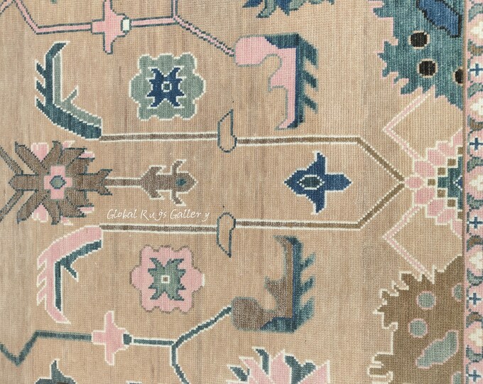 Hand-Knotted Wool Oushak Rug 9x12 Ft, Beige Pastel Turkish Style Area Carpet
