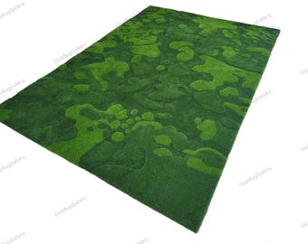 Hand-Tufted Wool Rug, Deep Green 3D Moss Effect, Forest Floor