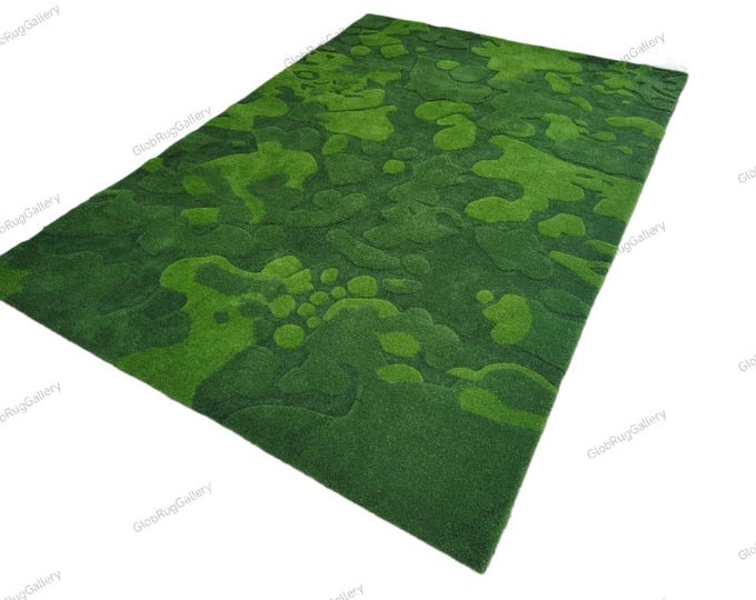 Hand-Tufted Wool Rug, Deep Green 3D Moss Effect, Forest Floor