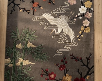 Hand Tufted Crane Rug, Japanese Floral Rug, Bamboo Area Rug, Oriental Wool Rug, Chinoiserie Rug, Living Room Rug, Custom Rug