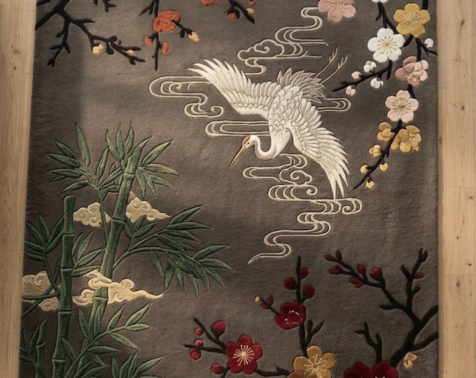 Hand Tufted Crane Rug, Japanese Floral Rug, Bamboo Area Rug, Oriental Wool Rug, Chinoiserie Rug, Living Room Rug, Custom Rug