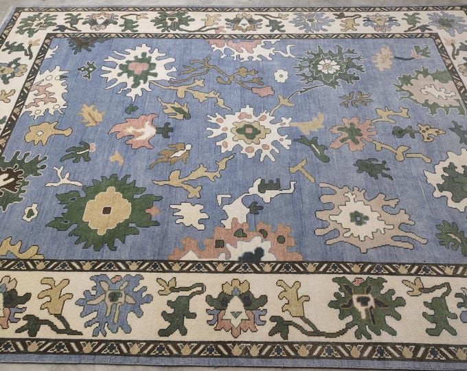 Handmade Oushak Rug, Blue Wool Area Rug, Handmade Turkish Style Floral Carpet, Vintage Oushak Rug, Living Room Bedroom Rug