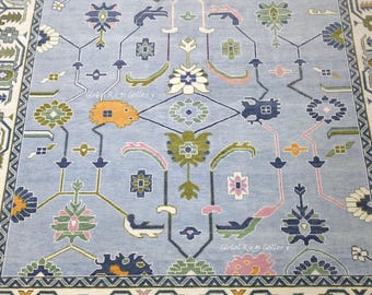 Quick Ship Blue Oushak Rug | 10x10 Hand Knotted Wool, Square Turkish Floral