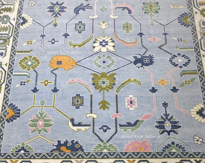 Quick Ship Blue Oushak Rug | 10x10 Hand Knotted Wool, Square Turkish Floral
