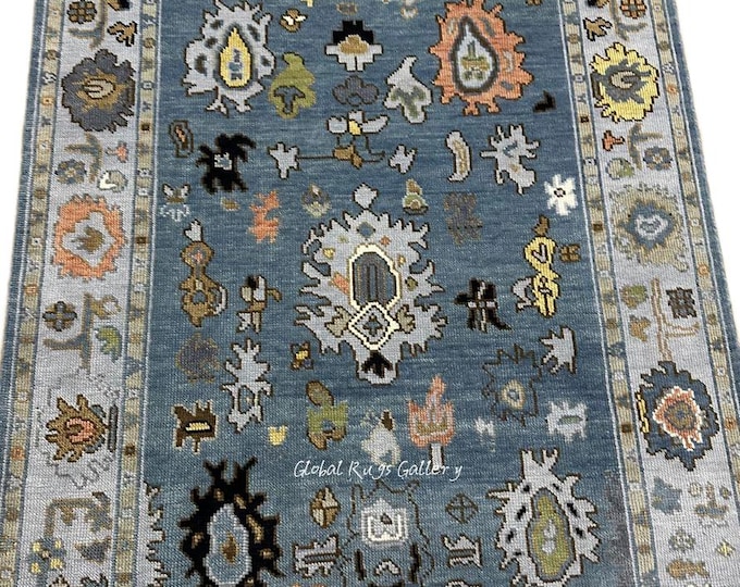 Handmade Blue Oushak Wool Rug | Turkish Style, Living Room Decor